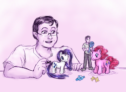 Size: 600x436 | Tagged: safe, artist:sailorptah, pinkie pie, rarity, human, g4, bow, brony, brush, brushable, female, figure, glasses, jon stewart, male, stephen colbert, tiny, toy