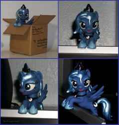 Size: 873x915 | Tagged: safe, artist:madponyscientist, princess luna, pony, g4, box, cardboard box, customized toy, female, filly, pony in a box, sculpture, solo, woona, younger