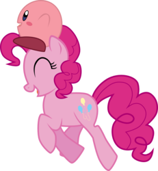 Size: 1134x1229 | Tagged: safe, artist:chipmagnum, pinkie pie, earth pony, pony, puffball, g4, crossover, duo, eyes closed, female, kirby, kirby (series), kirby pie, mare, nintendo, simple background, sitting on head, transparent background, vector