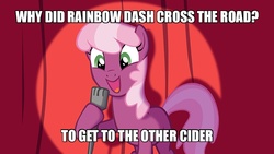 Size: 800x450 | Tagged: safe, cheerilee, rainbow dash, g4, cheerilee pun, cider, cider dash, exploitable meme, joke, meme, stand-up comedy