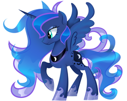 Size: 4800x3800 | Tagged: safe, artist:aaplepieeru, princess luna, alicorn, pony, g4, absurd resolution, alternate hairstyle, female, mare, messy mane, misisng accessory, raised hoof, simple background, smiling, solo, standing