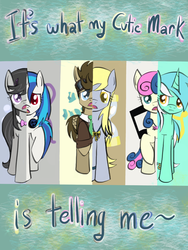 Size: 768x1024 | Tagged: safe, artist:timeywimeywhooves, bon bon, derpy hooves, dj pon-3, doctor whooves, lyra heartstrings, octavia melody, sweetie drops, time turner, vinyl scratch, earth pony, pegasus, pony, unicorn, g4, background six, colored pupils, swapped cutie marks, what my cutie mark is telling me