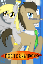 Size: 320x480 | Tagged: safe, artist:timeywimeywhooves, derpy hooves, doctor whooves, time turner, pegasus, pony, doctor whooves and assistant, g4, female, mare, mouth hold, necktie, sonic screwdriver, tardis