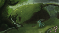 Size: 1920x1080 | Tagged: safe, artist:hierozaki, lyra heartstrings, pony, unicorn, g4, digital painting, everfree forest, female, forest, mare, scenery, solo, wallpaper