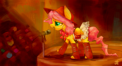 Size: 1980x1080 | Tagged: safe, artist:chung-sae, fluttershy, g4, background pony, clothes, dress, hat, microphone, singing, stage, wallpaper, western