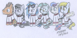 Size: 900x438 | Tagged: safe, artist:bobthedalek, bon bon, derpy hooves, dj pon-3, doctor whooves, lyra heartstrings, octavia melody, sweetie drops, time turner, vinyl scratch, earth pony, pegasus, pony, unicorn, g4, background six, female, male, mare, stallion, traditional art