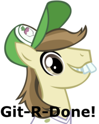 Size: 560x700 | Tagged: safe, artist:danton-damnark, hayseed turnip truck, earth pony, pony, g4, bucktooth, bust, caption, hat, larry the cable guy, male, portrait, simple background, stallion, transparent background