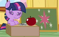 Size: 4096x2560 | Tagged: safe, artist:beavernator, twilight sparkle, pony, unicorn, g4, apple, baby, baby pony, babylight sparkle, chalkboard, cute, filly, foal, smiling, twiabetes, unicorn twilight