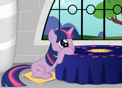 Size: 1839x1332 | Tagged: safe, artist:nimaru, twilight sparkle, pony, unicorn, g4, cushion, female, mare, solo, starry eyes, table, unicorn twilight, window, wingding eyes