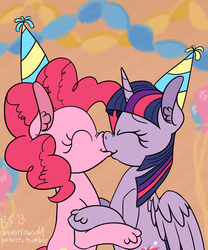 Size: 1000x1200 | Tagged: safe, artist:ponett, pinkie pie, twilight sparkle, alicorn, earth pony, pony, g4, cute, duo, ear fluff, eyes closed, female, hat, kiss on the lips, kissing, lesbian, mare, party hat, ship:twinkie, shipping, smiling, twilight sparkle (alicorn), unshorn fetlocks, wings