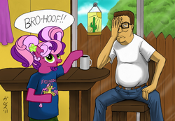 Size: 993x688 | Tagged: safe, edit, cheerilee (g3), fluttershy, human, g3, g4, hank hill, hoofbump, king of the hill