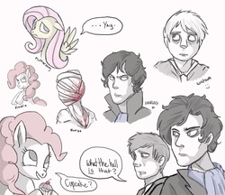 Size: 900x777 | Tagged: safe, artist:tweek278, fluttershy, pinkie pie, g4, bbc sherlock, crossover, cupcake, john watson, konami, sherlock holmes, silent hill, speech bubble