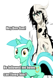 Size: 705x1023 | Tagged: safe, bon bon, lyra heartstrings, sweetie drops, g4, bleach (manga), crossover, simple background, text, transparent background, ulquiorra cifer