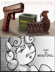 Size: 534x700 | Tagged: safe, sweetie belle, g4, chocolate, chocolate gun, exploitable meme, glock, gun, meme, pistol, that is beautiful, win