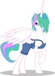 Size: 4050x5605 | Tagged: safe, artist:up1ter, princess celestia, alicorn, pony, g4, absurd resolution, alternate hairstyle, clothes, dungarees, female, frown, glare, it's not a phase, looking back, mare, messy mane, missing accessory, overalls, raised hoof, simple background, solo, spread wings, tomboy, transparent background, vector