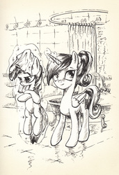 Size: 1522x2228 | Tagged: safe, artist:mcstalins, princess cadance, twilight sparkle, g4, filly, filly twilight sparkle, forced bathing, monochrome, shower, twilight sparkle is not amused