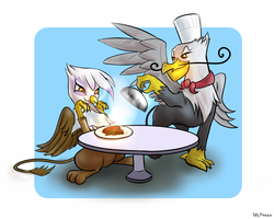 Size: 1000x800 | Tagged: safe, artist:mlpanon, gilda, gustave le grande, griffon, g4, carnivore, cloche, food, meat, simple background, table, white background