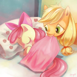 Size: 1400x1400 | Tagged: safe, artist:amy30535, apple bloom, applejack, earth pony, pony, apple family reunion, g4, bed, blanket, female, good night, goodnight, sisters, sleeping, tucking in