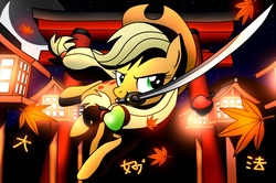 Size: 2000x1328 | Tagged: safe, artist:ringodaifuku, applejack, earth pony, pony, g4, apple, female, food, katana, mare, mouth hold, pixiv, sword, weapon