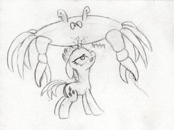 Size: 1024x765 | Tagged: safe, artist:hushnowquietnow, rarity, crab, pony, unicorn, g4, butt, female, fight, horn, horn impalement, mare, monochrome, plot, rarity fighting a giant crab, x eyes