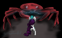 Size: 2400x1500 | Tagged: safe, artist:kittyhawkman, rarity, crab, pony, unicorn, g4, butt, female, fight, mare, plot, rarity fighting a giant crab