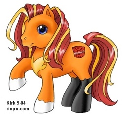 Size: 355x336 | Tagged: safe, artist:rinpu, earth pony, pony, g3, 2004, coat markings, crossover, looking at you, male, ponified, rodimus prime, simple background, smiling, socks (coat markings), solo, stallion, transformers, white background