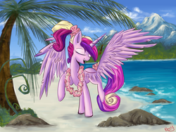 Size: 1600x1200 | Tagged: safe, artist:daffydream, princess cadance, alicorn, pony, g4, beach, eyes closed, female, lei, mare, solo