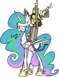 Size: 740x963 | Tagged: safe, artist:cuttycommando, princess celestia, alicorn, human, pony, g4, antlers, belly fluff, chest fluff, crossover, female, humans riding ponies, male, mare, noodle legs, noodle limbs, peytral, riding, sam winchester, simple background, spread wings, supernatural, transparent background, wings