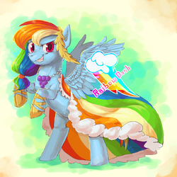 Size: 700x700 | Tagged: safe, artist:hanada, rainbow dash, pegasus, pony, g4, the best night ever, clothes, cute, dashabetes, dress, female, gala dress, mare, pixiv, rearing, smiling, solo, spread wings, wings