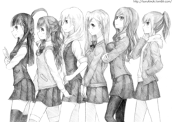 Size: 1280x904 | Tagged: safe, artist:tsurukinoki, applejack, fluttershy, pinkie pie, rainbow dash, rarity, twilight sparkle, human, g4, grayscale, humanized, line-up, mane six, monochrome