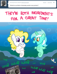 Size: 993x1280 | Tagged: safe, artist:willdrawforfood1, bon bon, lyra heartstrings, surprise, sweetie drops, sea pony, ask surprise, g1, g4, ask, boombox, duo focus, g1 to g4, generation leap, heartstrings, seapony bon bon, seapony lyra, smiling, species swap, tumblr