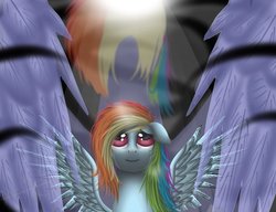 Size: 1019x784 | Tagged: dead source, safe, artist:michellka, rainbow dash, pegasus, pony, g4, crying, female, looking up, mare, solo, spread wings, wings