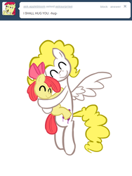 Size: 962x1280 | Tagged: safe, artist:willdrawforfood1, apple bloom, surprise, earth pony, pegasus, pony, ask surprise, g1, g4, ^^, ask, eyes closed, female, filly, foal, g1 to g4, generation leap, hug, mare, simple background, spread wings, tumblr, white background, wings