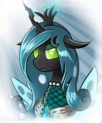 Size: 816x979 | Tagged: dead source, safe, artist:michellka, queen chrysalis, changeling, changeling queen, g4, bust, clothes, crown, female, jewelry, portrait, regalia, smiling, solo