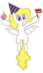 Size: 1000x1692 | Tagged: safe, artist:willdrawforfood1, surprise, ask surprise, g1, g4, adoraprise, cupcake, cute, female, flying, food, g1 to g4, generation leap, hat, mare, open mouth, open smile, party, party hat, simple background, smiling, surprise can fly, transparent background