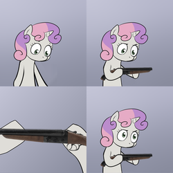 Size: 2000x2000 | Tagged: safe, sweetie belle, g4, exploitable meme, gun, meme, shotgun, sweetie's note meme, weapon