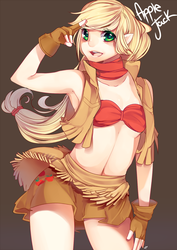 Size: 920x1302 | Tagged: safe, artist:cassettecreams, applejack, human, g4, armpits, bandeau, belly button, clothes, cowboy vest, elf ears, elfification, female, fingerless gloves, gloves, humanized, midriff, miniskirt, simple background, skirt, solo