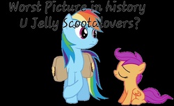 Size: 638x388 | Tagged: safe, rainbow dash, scootaloo, g4, op has failed to start shit, op is a duck, text, troll