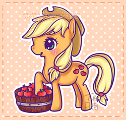 Size: 687x654 | Tagged: safe, artist:tokibuni, applejack, g4, apple, female, raised hoof, solo, watermark