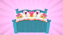 Size: 1280x720 | Tagged: safe, edit, edited screencap, screencap, apple bloom, scootaloo, sweetie belle, earth pony, pony, g4, stare master, bed, covering ears, cutie mark crusaders, mirrored, multeity, pillow, singing, the fun has been doubled, unitinu