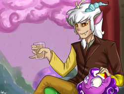 Size: 1700x1300 | Tagged: safe, discord, screwball, g4, chaos, chocolate milk, chocolate rain, cotton candy cloud, eared humanization, hat, horn, horned humanization, humanized, petting, propeller hat, purple sky, swirly eyes