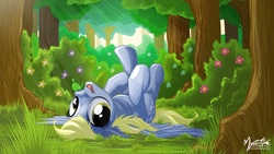 Size: 2560x1440 | Tagged: safe, artist:mysticalpha, derpy hooves, pegasus, pony, g4, bush, crepuscular rays, female, flower, forest, leaf, mare, on back, rolling, solo, tree, wallpaper