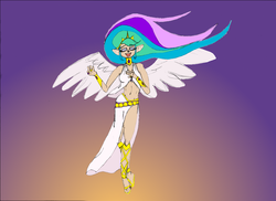 Size: 1169x850 | Tagged: safe, artist:jakewashere, princess celestia, human, g4, belly button, belt, clothes, elf ears, eyes closed, feet, female, flying, humanized, midriff, open mouth, sandals, skirt, smiling, solo, spread wings