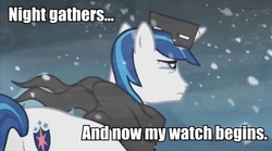 Size: 627x349 | Tagged: safe, edit, edited screencap, screencap, shining armor, pony, unicorn, g4, the crystal empire, caption, clothes, game of thrones, image macro, male, night's watch, scarf, snow, snow goggles, snowfall, solo, stallion