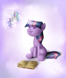 Size: 912x1080 | Tagged: safe, artist:e-kate98, princess celestia, twilight sparkle, g4, book, cute, female, filly, foal, magic, sitting, telekinesis, toy