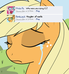 Size: 831x882 | Tagged: dead source, safe, artist:reiduran, applejack, pinkie pie, earth pony, pony, g4, crying, eyes closed, facebook, female, freckles, mare, meme, misspelling, sad, solo focus, thingken of life, unhapplejack