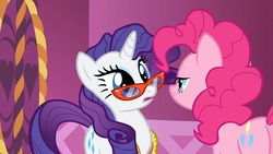 Size: 1280x720 | Tagged: safe, screencap, pinkie pie, rarity, g4, bedroom eyes, glasses, out of context