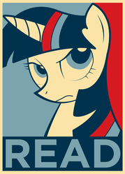 Size: 1301x1821 | Tagged: dead source, safe, artist:equestria-election, twilight sparkle, g4, female, hope poster, poster, propaganda, read, shepard fairey, solo