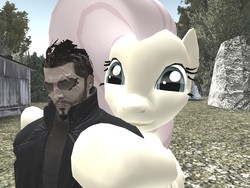 Size: 1024x768 | Tagged: safe, fluttershy, g4, 3d, adam jensen, deus ex, flutterhug, gmod, i never asked for this, what is wrong with my hair
