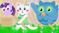 Size: 700x393 | Tagged: safe, artist:dried-apples, twilight sparkle, bird, cat, owl, pony, unicorn, anthro, g4, crossover, daniel tiger's neighborhood, facial hair, female, group, katerina kittycat, male, moustache, o the owl, prop, toy